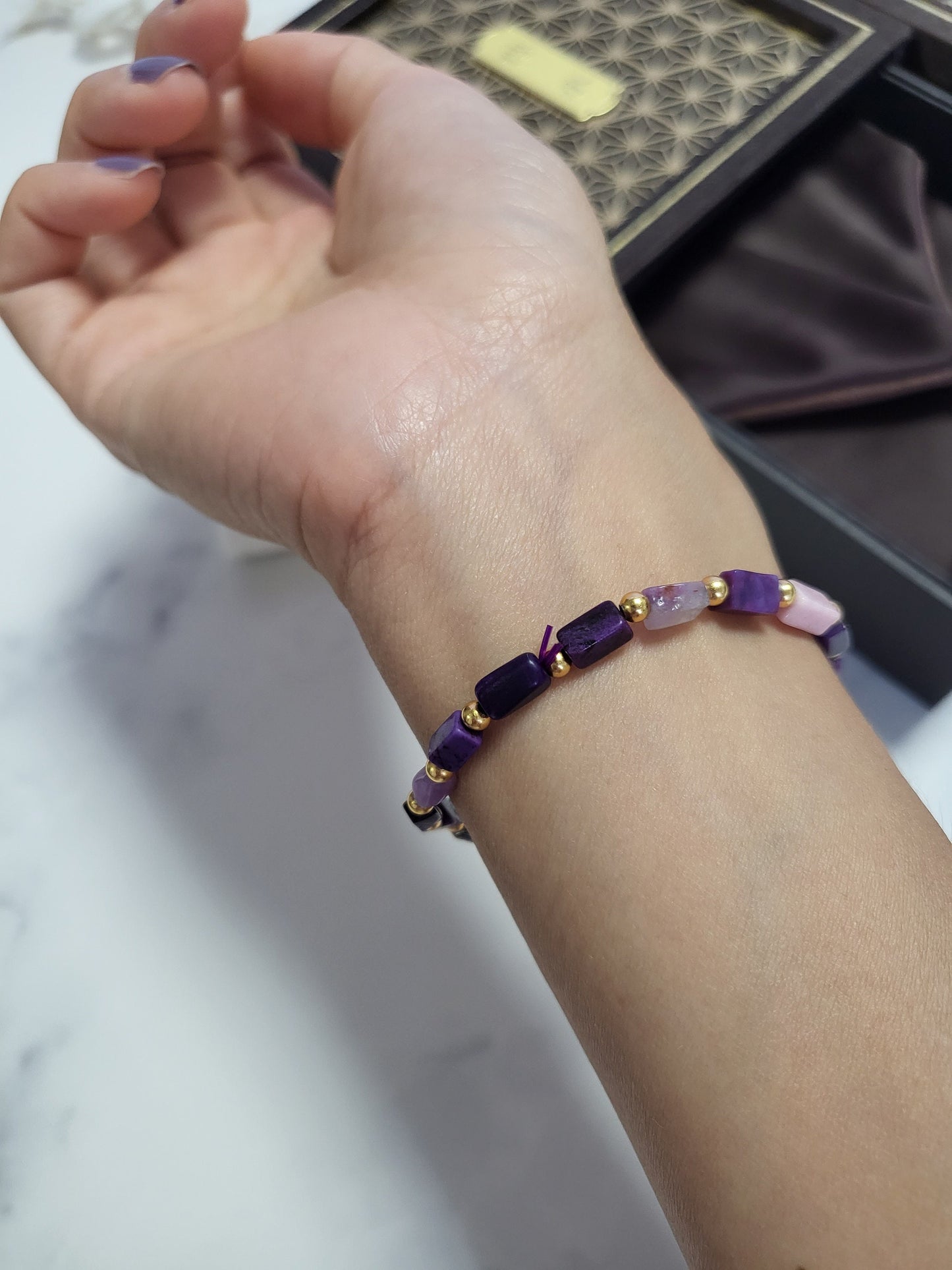 Natural Sugilite Rare Multi-color Beads Dainty Purple Stone Bead Bracelet with Gold Beads